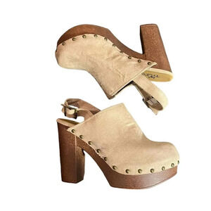 TruFox Beige Studded Ankle Strap Wooden Heel Platform Clog Heels Shoes Size US 9